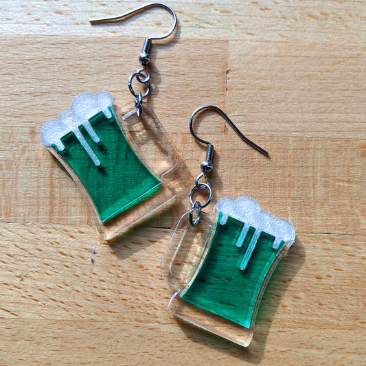 St. Patrick's Day Green Beer Mug Dangle Earrings